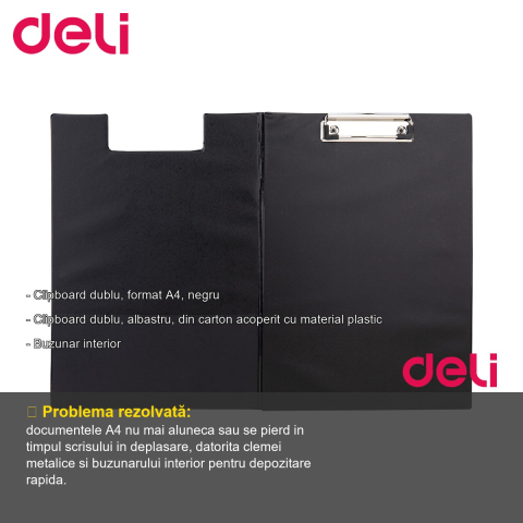Clipboard dublu Deli, format A4, din carton plastifiat, cu buzunar interior, negru [1]