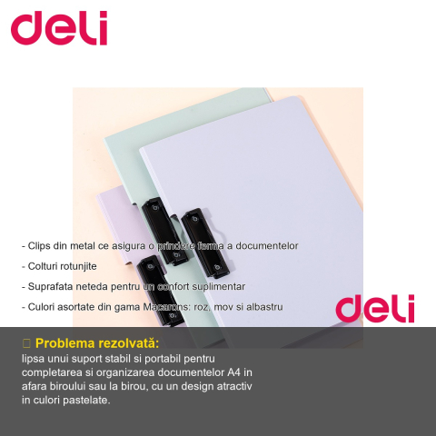 Clipboard dublu Deli Macarons, format A4, din PP foam cu clips metalic, culori pastelate [1]
