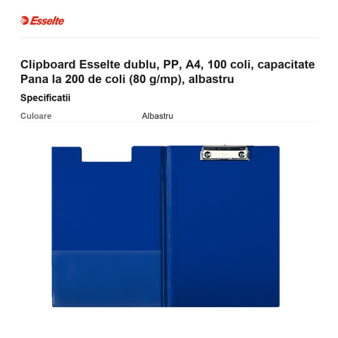 Clipboard Esselte dublu, PP, A4, 100 coli, capacitate Pana la 200 de coli (80 g/mp), albastru [2]