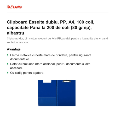 Clipboard Esselte dublu, PP, A4, 100 coli, capacitate Pana la 200 de coli (80 g/mp), albastru [1]