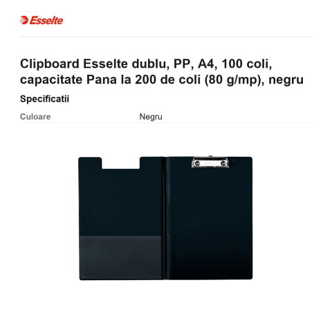 Clipboard Esselte dublu, PP, A4, 100 coli, capacitate Pana la 200 de coli (80 g/mp), negru [2]