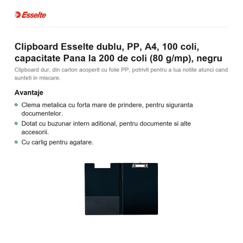 Clipboard Esselte dublu, PP, A4, 100 coli, capacitate Pana la 200 de coli (80 g/mp), negru [1]