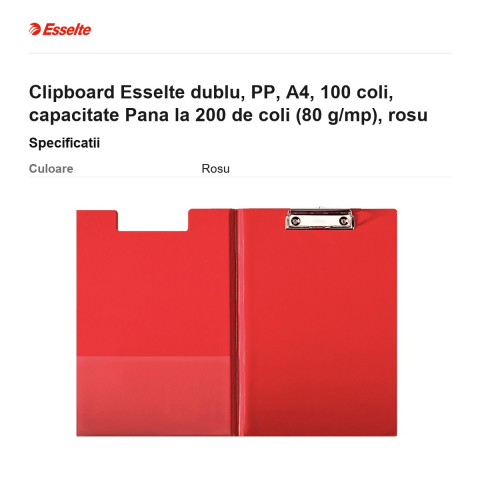Clipboard Esselte dublu, PP, A4, 100 coli, capacitate Pana la 200 de coli (80 g/mp), rosu [2]