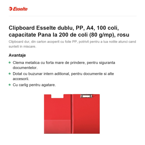Clipboard Esselte dublu, PP, A4, 100 coli, capacitate Pana la 200 de coli (80 g/mp), rosu [1]