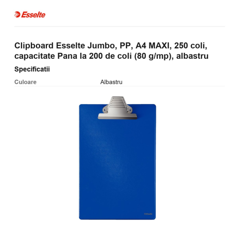 Clipboard Esselte Jumbo, PP, A4 MAXI, 250 coli, capacitate Pana la 200 de coli (80 g/mp), albastru [2]