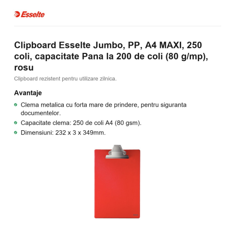 Clipboard Esselte Jumbo, PP, A4 MAXI, 250 coli, capacitate Pana la 200 de coli (80 g/mp), rosu [1]