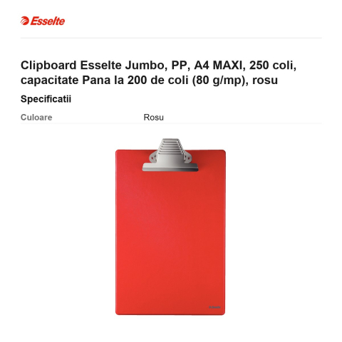 Clipboard Esselte Jumbo, PP, A4 MAXI, 250 coli, capacitate Pana la 200 de coli (80 g/mp), rosu [2]