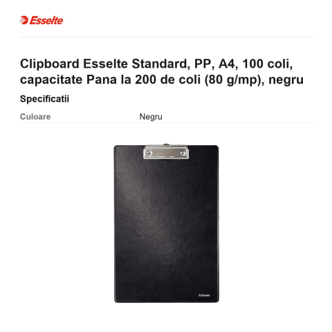 Clipboard Esselte Standard, PP, A4, 100 coli, capacitate Pana la 200 de coli (80 g/mp), negru [2]