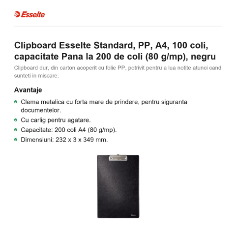 Clipboard Esselte Standard, PP, A4, 100 coli, capacitate Pana la 200 de coli (80 g/mp), negru [1]