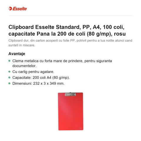 Clipboard Esselte Standard, PP, A4, 100 coli, capacitate Pana la 200 de coli (80 g/mp), rosu [1]