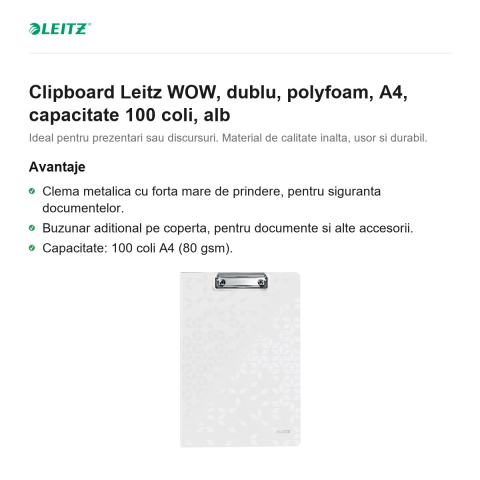 Clipboard Leitz WOW, dublu, polyfoam, A4, capacitate 100 coli, alb [1]