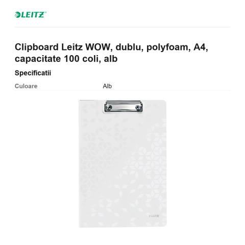 Clipboard Leitz WOW, dublu, polyfoam, A4, capacitate 100 coli, alb [2]