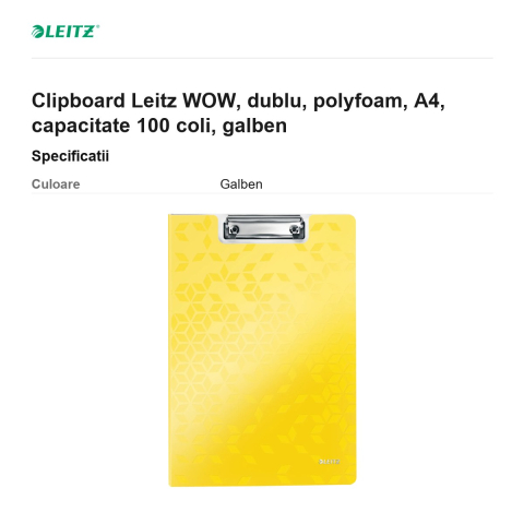 Clipboard Leitz WOW, dublu, polyfoam, A4, capacitate 100 coli, galben [2]