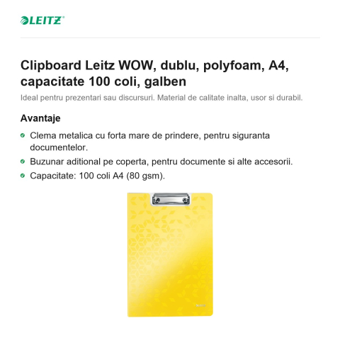 Clipboard Leitz WOW, dublu, polyfoam, A4, capacitate 100 coli, galben [1]