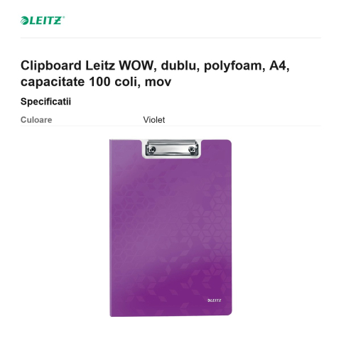 Clipboard Leitz WOW, dublu, polyfoam, A4, capacitate 100 coli, mov [2]