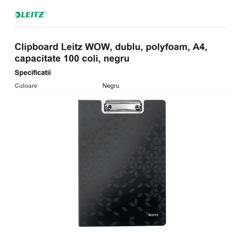 Clipboard Leitz WOW, dublu, polyfoam, A4, capacitate 100 coli, negru [2]