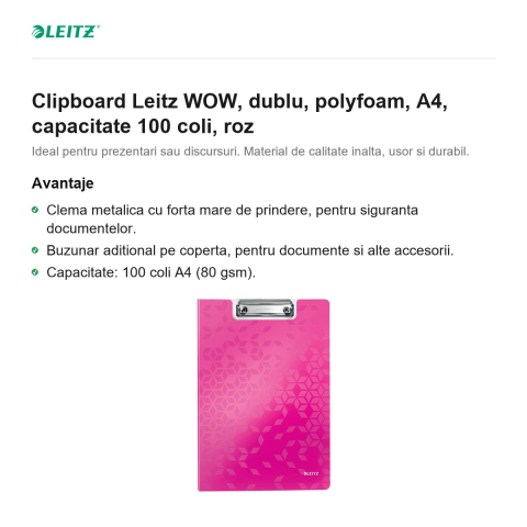 Clipboard Leitz WOW, dublu, polyfoam, A4, capacitate 100 coli, roz [1]