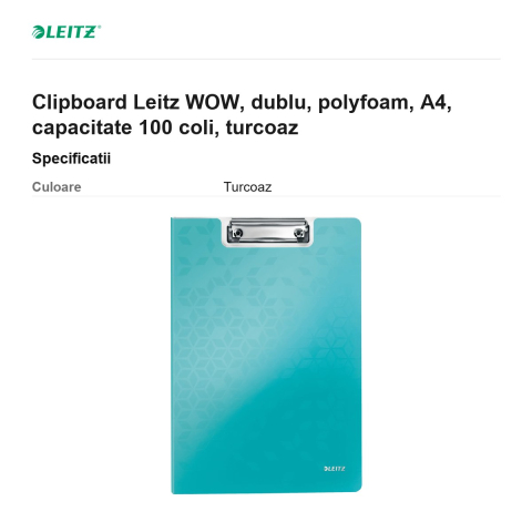 Clipboard Leitz WOW, dublu, polyfoam, A4, capacitate 100 coli, turcoaz [2]