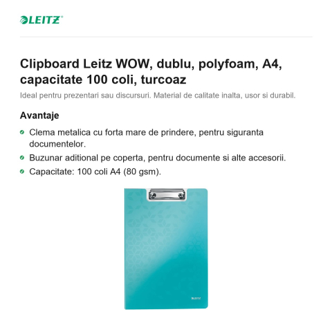 Clipboard Leitz WOW, dublu, polyfoam, A4, capacitate 100 coli, turcoaz [1]