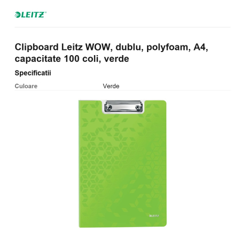 Clipboard Leitz WOW, dublu, polyfoam, A4, capacitate 100 coli, verde [2]