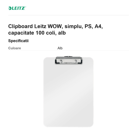 Clipboard Leitz WOW, simplu, PS, A4, capacitate 100 coli, alb [2]