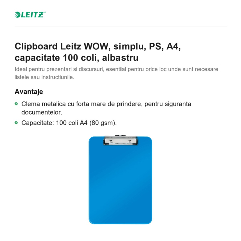 Clipboard Leitz WOW, simplu, PS, A4, capacitate 100 coli, albastru [1]