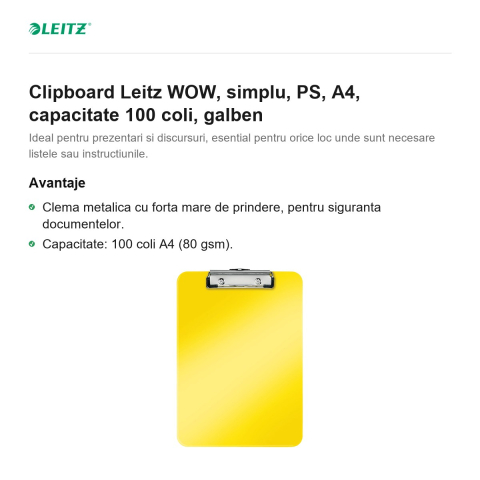 Clipboard Leitz WOW, simplu, PS, A4, capacitate 100 coli, galben [1]