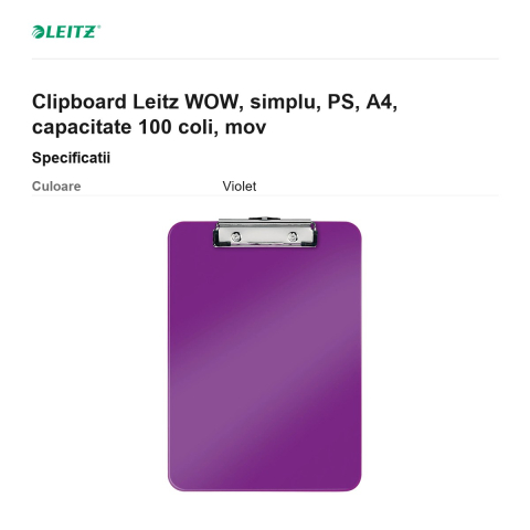 Clipboard Leitz WOW, simplu, PS, A4, capacitate 100 coli, mov [2]