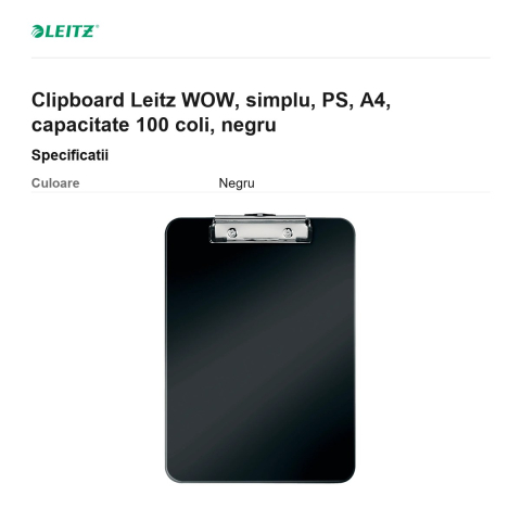 Clipboard Leitz WOW, simplu, PS, A4, capacitate 100 coli, negru [2]