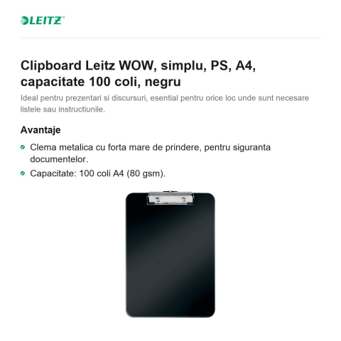 Clipboard Leitz WOW, simplu, PS, A4, capacitate 100 coli, negru [1]