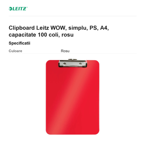 Clipboard Leitz WOW, simplu, PS, A4, capacitate 100 coli, rosu [2]