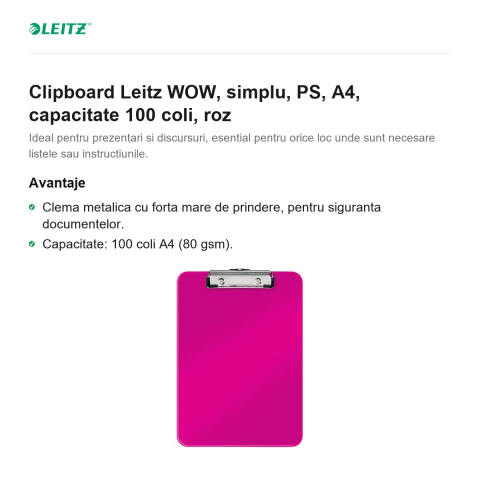 Clipboard Leitz WOW, simplu, PS, A4, capacitate 100 coli, roz [1]
