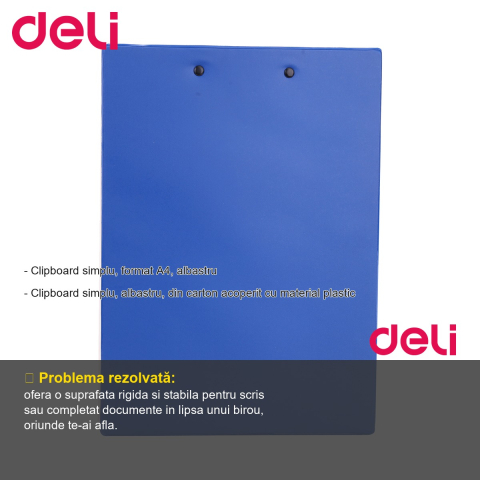 Clipboard simplu Deli, format A4, albastru, din carton plastifiat, pentru birou si scoala [1]