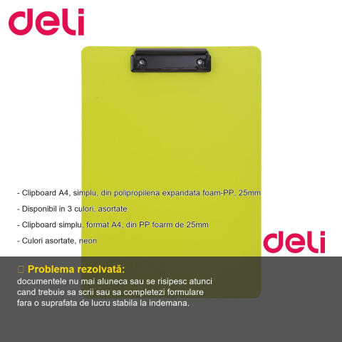 Clipboard simplu Deli, format A4, din polipropilena foam, culori neon asortate, pentru birou si scoala [1]