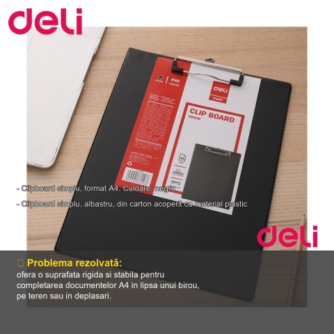 Clipboard simplu Deli, format A4, suprafata rigida din carton plastifiat, negru, pentru birou si teren [1]