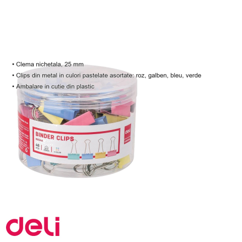 Clipsuri hartie colorate Deli, 25 mm, culori pastel asortate, set 48 bucati in cutie plastic [2]