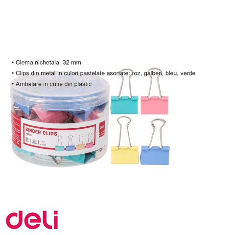 Clipsuri hartie colorate Deli, 32 mm, culori pastel asortate, set 24 bucati in cutie plastic, pentru birou [2]