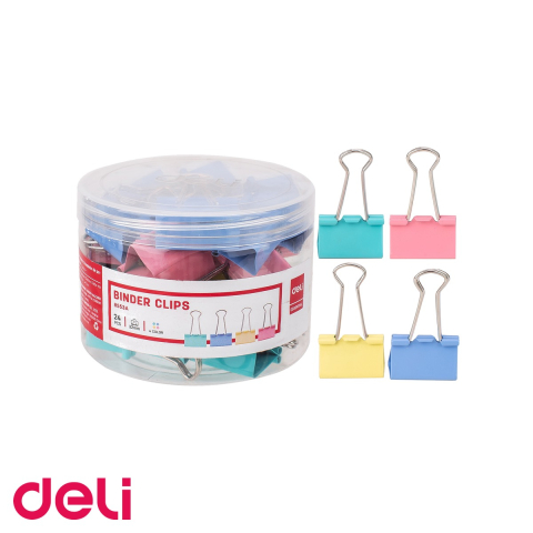 Clipsuri de birou - Clipsuri hartie colorate Deli, 32 mm, culori pastel asortate, set 24 bucati in cutie plastic, pentru birou