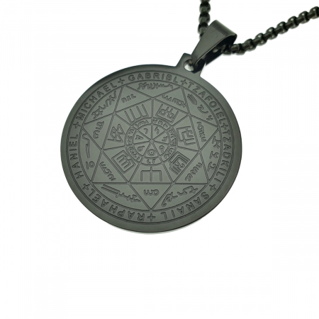 Moda Accesorii Haine - Colier cu pandativ medalion, talisman design simbolic Sigiliul Celor Sapte Arhangheli, SN-01B, din otel inoxidabil, negru