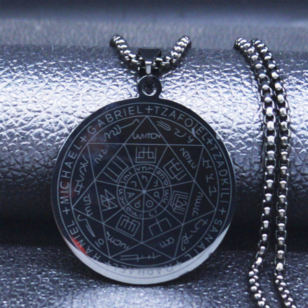Colier cu pandativ medalion, talisman design simbolic Sigiliul Celor Sapte Arhangheli, SN-01B, din otel inoxidabil, negru [2]
