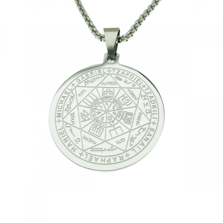 Moda Accesorii Haine - Colier cu pandativ medalion, talisman design simbolic Sigiliul Celor Sapte Arhangheli, SN-01S, din otel inoxidabil, argintiu
