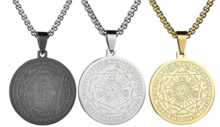 Colier cu pandativ medalion, talisman design simbolic Sigiliul Celor Sapte Arhangheli, SN-01S, din otel inoxidabil, argintiu [7]