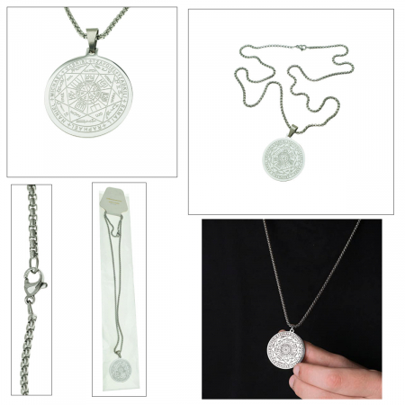 Colier cu pandativ medalion, talisman design simbolic Sigiliul Celor Sapte Arhangheli, SN-01S, din otel inoxidabil, argintiu [3]