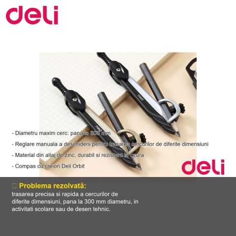 Compas cu creion Deli Orbit, diametru maxim 300 mm, aliaj de zinc, pentru desen tehnic si scoala [1]
