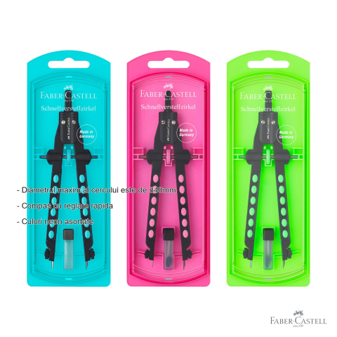 Compas Faber-Castell Factory Neon 2022 cu reglare rapida, cerc maxim 340mm, culori neon asortate, pentru scoala [1]