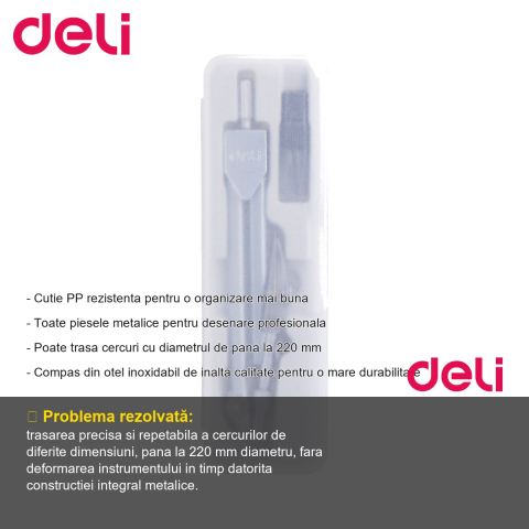 Compas metalic Deli, otel inoxidabil, pentru desen tehnic si cercuri pana la 220 mm diametru [1]