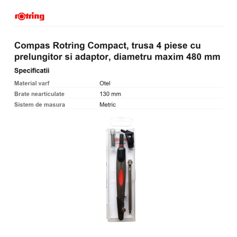 Compas Rotring Compact, trusa 4 piese cu prelungitor si adaptor, diametru maxim 480 mm [2]
