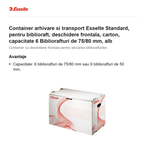 Container arhivare si transport Esselte Standard, pentru biblioraft, deschidere frontala, carton, capacitate 6 Bibliorafturi de 75/80 mm, alb [1]