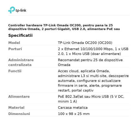 Controller hardware TP-Link Omada OC200, pentru pana la 25 dispozitive Omada, 2 porturi Gigabit, USB 2.0, alimentare PoE sau Micro USB, OC200 [2]