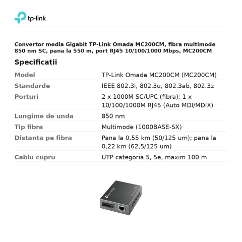 Convertor media Gigabit TP-Link Omada MC200CM, fibra multimode 850 nm SC, pana la 550 m, port RJ45 10/100/1000 Mbps, MC200CM [2]